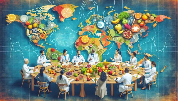 Diverse experts around a world map sharing healthy eating tips with fruits, nuts, and salads on display.