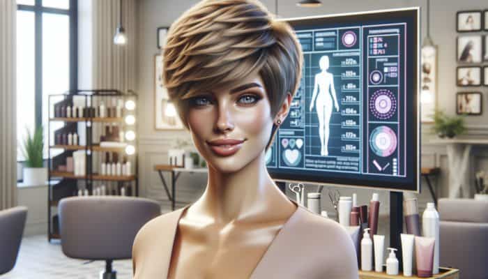 A confident woman with a chic pixie cut posing in a modern salon filled with hair care products.