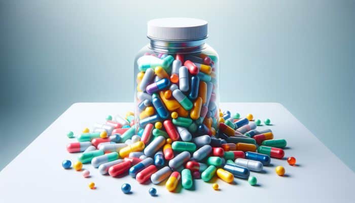 Rise of Postbiotic Supplements: Colorful postbiotic supplement capsules spilling from a modern bottle on a white surface, symbolising health and convenience.
