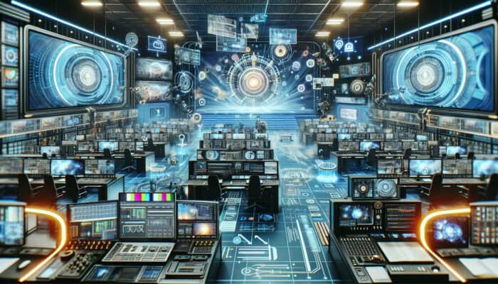 A modern video editing studio featuring AI tools, 360-degree screens, mobile devices, VR headsets, live streaming, and social media formats.