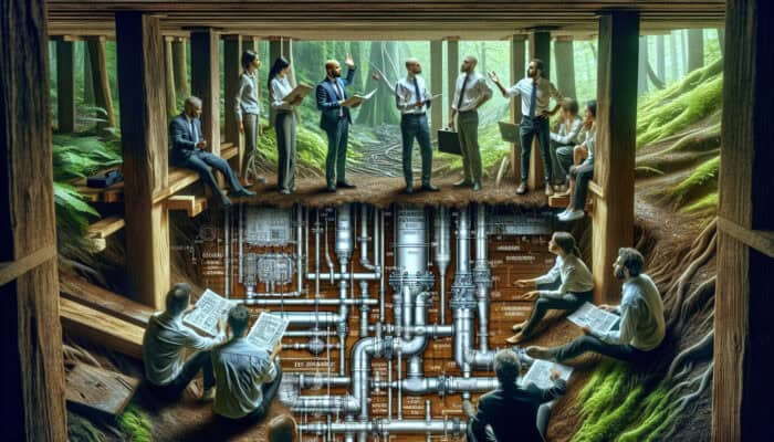 Illustration of crawl space drainage solutions in Chilliwack's damp environment, featuring engineers discussing optimal drainage strategies.