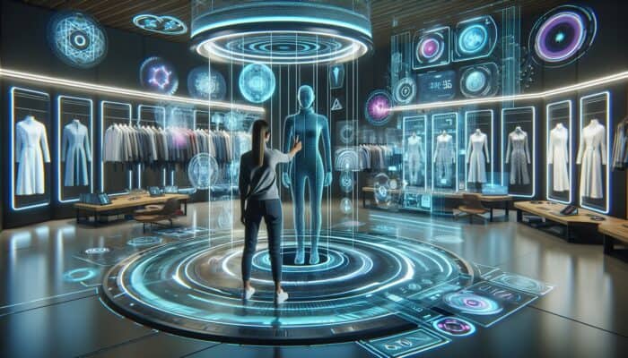 A modern AR room featuring holographic screens and clothing items for virtual try-ons.