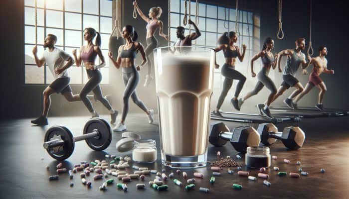 Whey Protein in a Balanced Diet: A glass of creamy whey protein shake with essential amino acids, gym equipment, and active athletes.