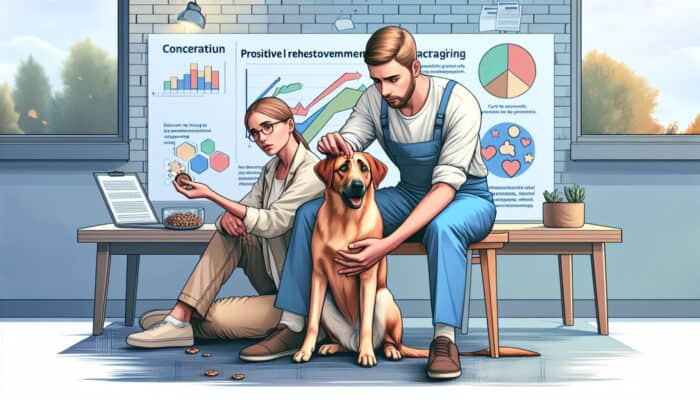 A concerned owner using treats and praise to train a fearful dog, improving their bond in a calm environment.