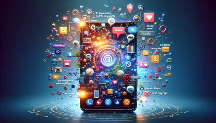 A smartphone showcasing a local blog with engaging visuals, videos, social media buttons, and an active comments section, optimized for SEO.