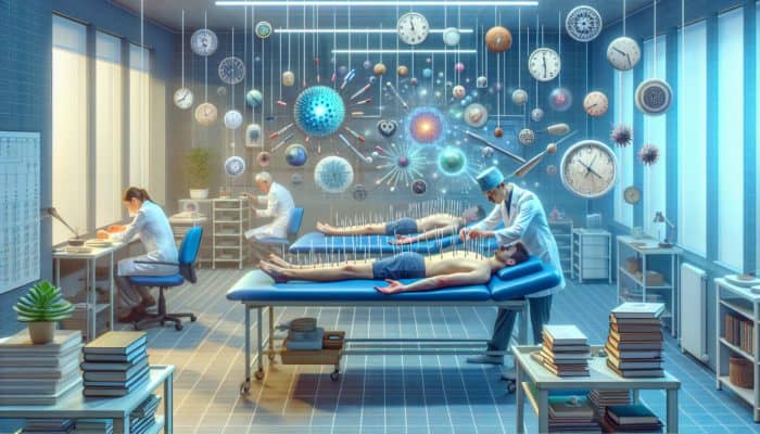 UK clinic scene with acupuncture patients showing focused expressions, surrounded by productivity symbols like books and clocks.