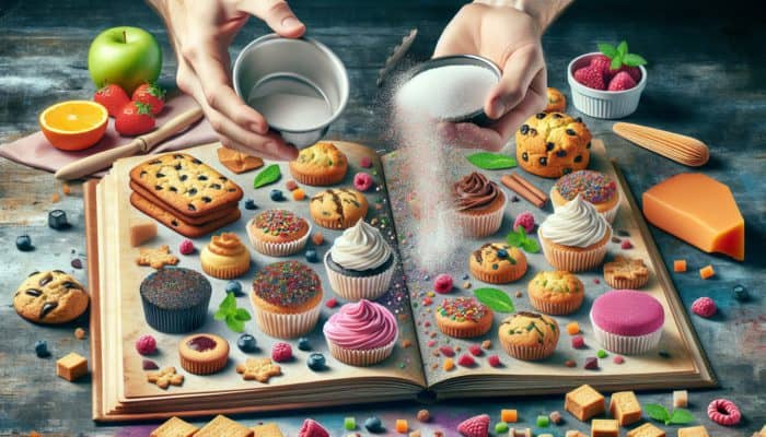 Colorful kitchen counter with sugar-free baked goods, recipe books, and chef's hands using natural sweeteners.