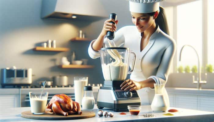 Chef blending mayonnaise and vinegar for smooth Alabama white sauce on BBQ chicken, with warm spices.