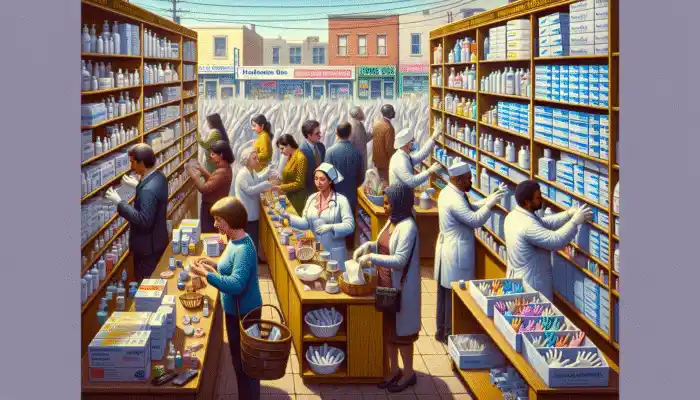 Latex Gloves in Barry: A bustling pharmacy in Barry showcasing an array of latex gloves for diverse applications, catering to all customers.