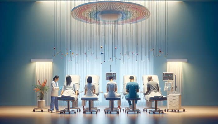 A diverse group of patients receiving acupuncture in a tranquil UK hospital room, part of NHS pain management initiatives.