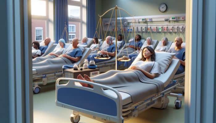 A serene UK hospital room with diverse post-surgery patients receiving acupuncture, surrounded by clinical evidence of its effectiveness.