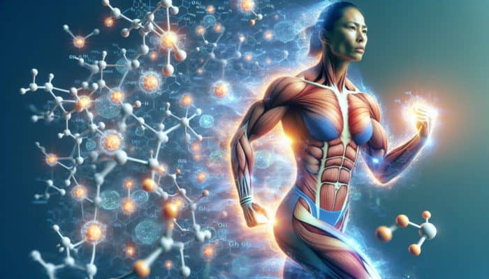 A muscular athlete with glowing glutamine molecules, showcasing muscle repair and gut health.