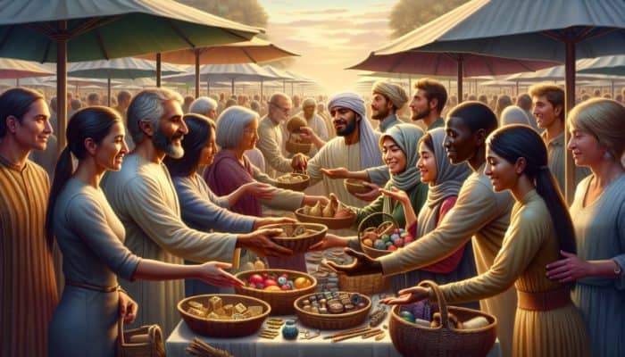 A bustling marketplace with diverse people bartering goods like produce and crafts, symbolizing trust, fairness, and clear communication.