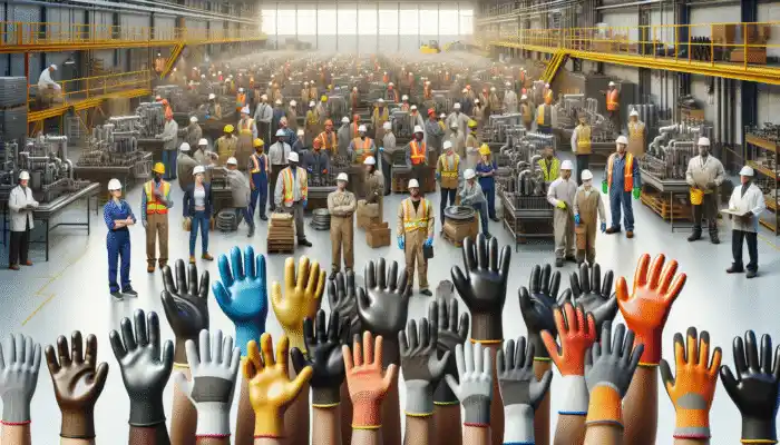 Infographic showcasing PVC work gloves, featuring logos of top Newport suppliers in an industrial setting.