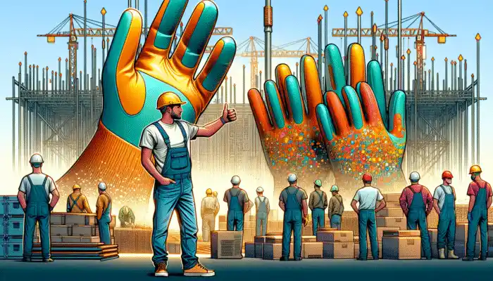 Construction site in Newport with workers using high-quality PVC gloves from a local supplier, customer giving thumbs-up.