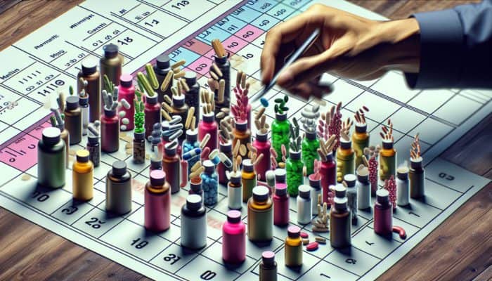 How to Cycle Supplements Safely: A person adjusting supplement intake with bottles and calendar to cycle usage and minimize side effects.