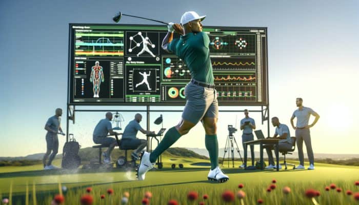South African golfer mid-swing on Johannesburg course, enhanced by mobility workouts, with scientists analyzing data.