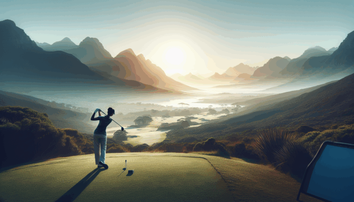 Best Golf Courses for Beginners: A golfer tees off at sunrise on a South African course with mountains, valleys, and coastline in view.