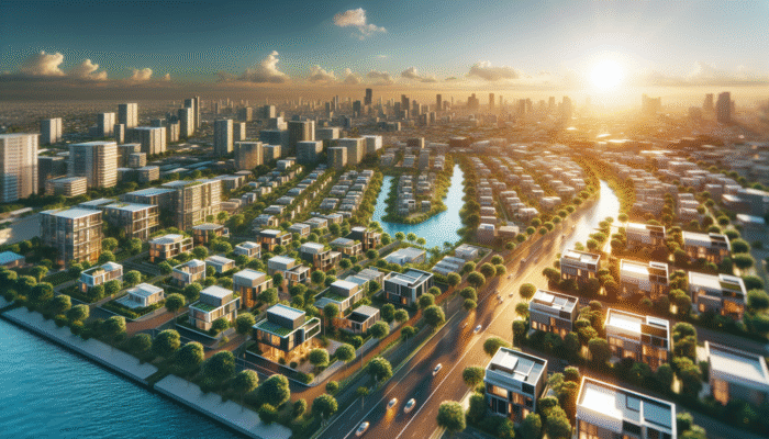 Aerial view of Kimberley highlighting entry-level properties, showcasing modern architecture amid vibrant greenery under a sunset sky.