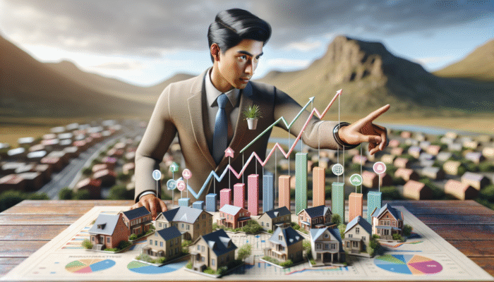 A Kimberley real estate expert analyzing a map with market trend graphs, set against the backdrop of the Kimberley landscape.