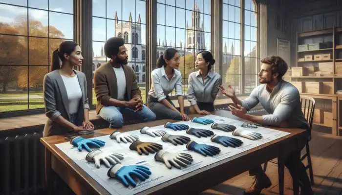 Diverse safety experts in Cambridge discussing high-quality gloves, with historic architecture visible through the window.
