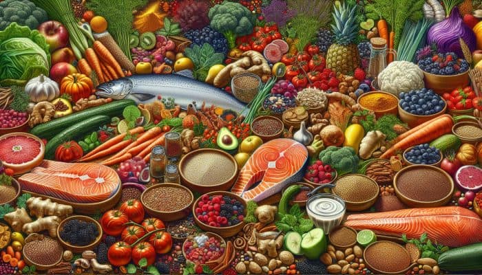 A UK kitchen counter featuring salmon, colorful vegetables, berries, quinoa, nuts, seeds, turmeric, and ginger.