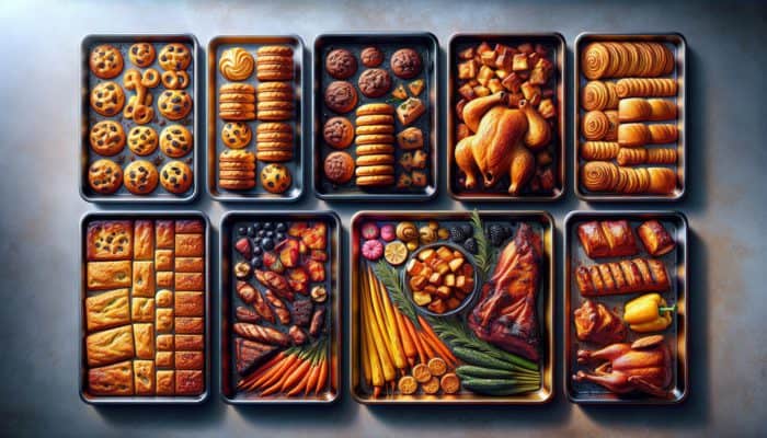 Rectangular baking sheets filled with cookies, pastries, vegetables, and meats on a kitchen counter.