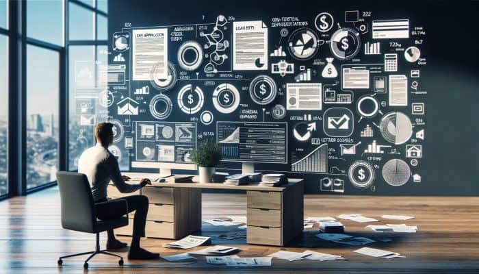 Overcoming Debt Shame With Consolidation Loans: UK Guide | DCL A person reviewing financial documents and debts, with loan forms and a computer showing credit scores and lender comparisons in a modern home office.