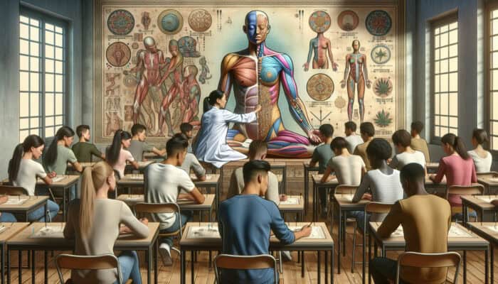 Students engaged in learning acupuncture, surrounded by anatomy charts with a mentor demonstrating techniques on a model.