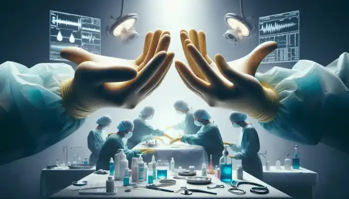 Extra long rubber gloves in UK healthcare and cleaning settings for protection during medical and chemical tasks.