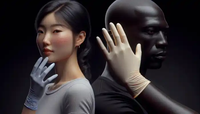 A person wearing thin latex gloves for delicate tasks and thick nitrile gloves for handling hazardous materials, demonstrating material and thickness differences.