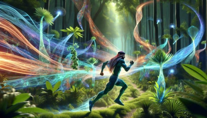An athlete running through a vibrant forest with glowing adaptogenic plants enhancing endurance.