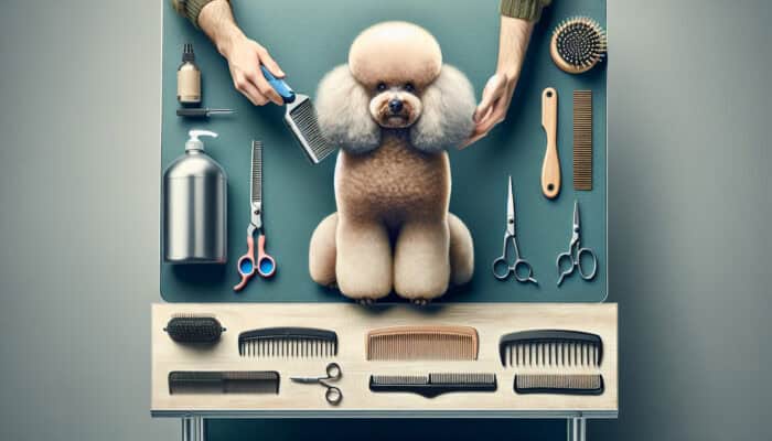 Poodle with curly coat groomed using slicker brush, hypoallergenic shampoo, and professional clippers on a grooming table with various combs.
