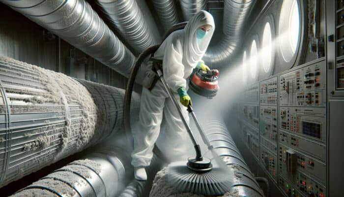 Technician cleaning ductwork with rotary brushes and vacuum, then applying sanitizing spray.