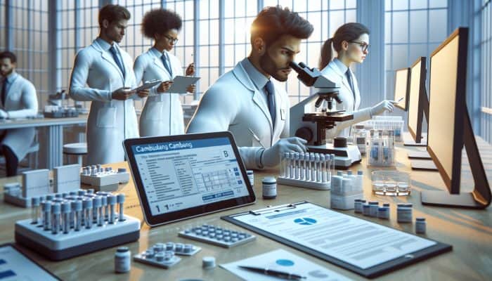A medical laboratory in Cambuslang with technicians analyzing testosterone samples under a microscope, surrounded by analytical charts and graphs.