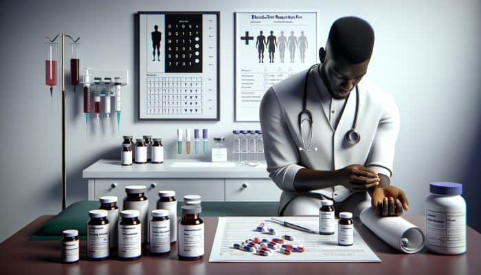 A person rolling up sleeve for vitamin blood test, nurse with syringe, surrounded by supplements and form.