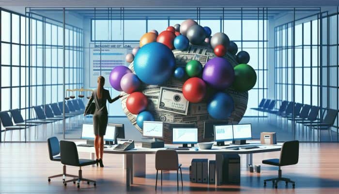 Infographic on UK debt consolidation with charts, person managing debts, and unified loan in a modern office.