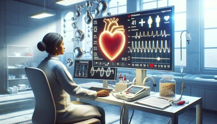Cholesterol Blood Test in Dumfries: Individual undergoing a cholesterol test, heart-shaped chart illustrating healthy cholesterol levels, symbolizing proactive heart health monitoring.
