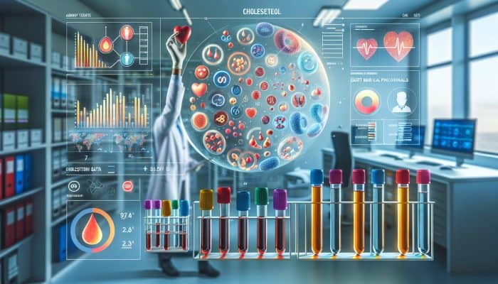 Infographic on cholesterol testing providing expert insights, set in a modern Dumfries lab, featuring test tubes and data charts.