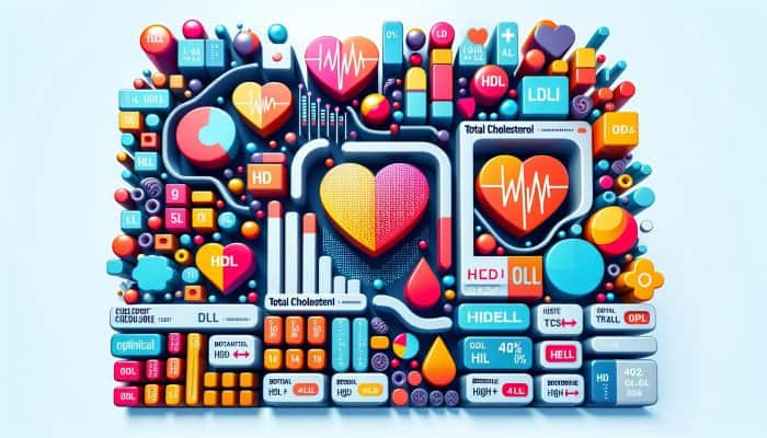 Detailed cholesterol test report displaying total cholesterol, LDL, HDL, and triglycerides with optimal, borderline, and high levels.