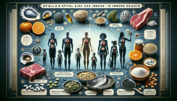 Infographic showcasing zinc's role in immune health, optimal dosages for different demographics, and dietary sources.