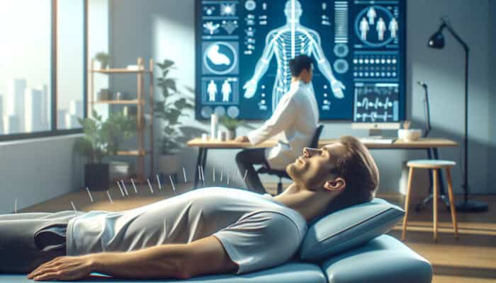 Acupuncture for Workout Recovery: Individual receiving acupuncture in a contemporary UK fitness studio for holistic recovery.