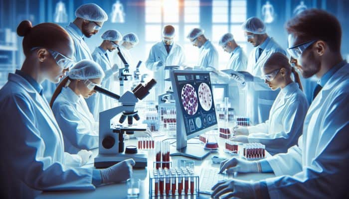 Scientists in a modern Bolton laboratory analyzing Vitamin B12 samples using advanced microscopes and analyzers to ensure precision and reliability.