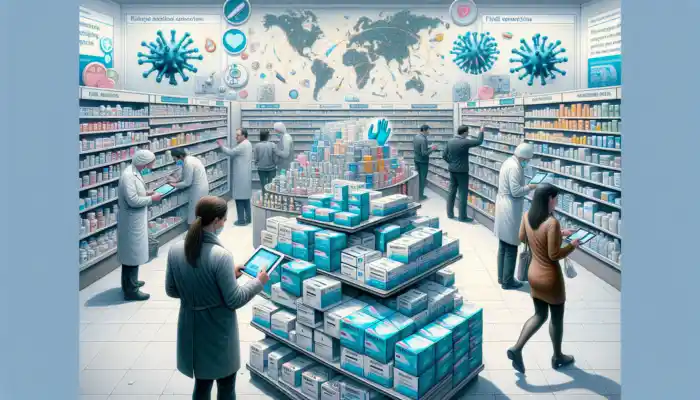 A bustling pharmacy in Cheltenham with partially empty shelves of blue nitrile gloves, anxious customers, flu awareness posters, supply maps, and a clerk using a tablet.