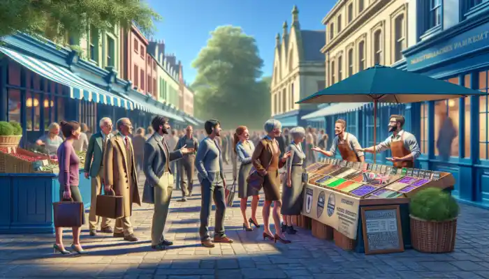 A lively Cheltenham market featuring a trusted local supplier showcasing certified UK-compliant products to engaged customers for informed decisions.