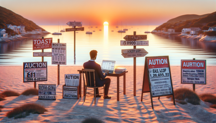A person at sunset on an East London coast, browsing property listings on a laptop, with auction signs and local newspapers around.