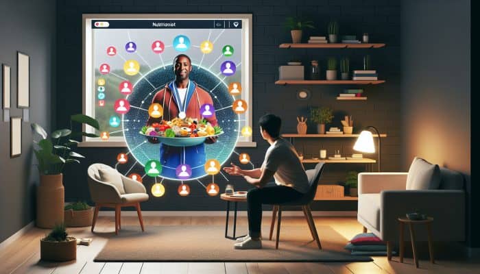 A nutritionist and online community empowering a person with a customized diet plan in a cozy, modern setting.