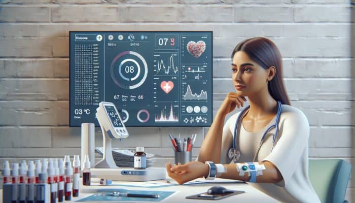 In a contemporary UK clinic, a diverse patient undergoes an HbA1c blood test while a doctor reviews digital health charts, surrounded by glucose meters and health posters.