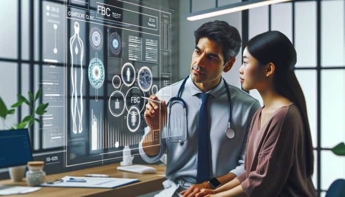Healthcare professional engaging in a discussion with a patient about FBC results in a modern clinic, surrounded by charts and medical tools under soft lighting.